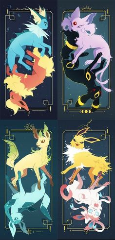 four different types of pokemons are shown in this image