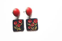 Red poppies earrings, Clay earrings, red and black dangle polymer clay earrings, Statement earrings FEDEX priority shipping takes: 2-3 WORKDAYS ( USA ). These are unique, handmade, polymer clay earrings with spring poppies motifs. These beautiful earrings are pieces of original and unique artwork. The method is known as 'appliqued technique'. Using tiny pieces of clays and a sharp needle. I don't use molds to prepare my jewelry. Each small parts of the motifs are made by hand and placed one by o Poppy Clay Earrings, Red Hand Painted Polymer Clay Earrings, Red Black And White Polymer Clay Earrings, Hand Painted Red Polymer Clay Earrings, Red Polymer Clay Earrings, Red Flower-shaped Polymer Clay Jewelry, Colorful Earrings, Tiny Flowers, Red Poppies