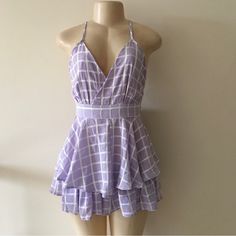 New With Tags Fashion Nova Light Purple Grid Pattern V-Neck Strappy Ruffle Romper Size S 100% Polyester Flirty V-neck Jumpsuits And Rompers For Spring, Summer V-neck Fitted Jumpsuits And Rompers, Casual Ruffled V-neck Jumpsuits And Rompers, Summer V-neck Ruffled Jumpsuits And Rompers, V-neck Jumpsuits With Ruffles For The Beach, V-neck Ruffled Jumpsuits And Rompers For Beach, Fitted Jumpsuits And Rompers With Ruffles And V-neck, Summer V-neck Jumpsuit With Ruffles, Summer V-neck Ruffles Jumpsuits And Rompers