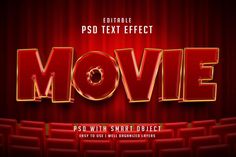 the movie title with red curtains and spotlights in the background, 3d text effect