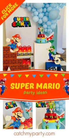 a super mario party with balloons and decorations