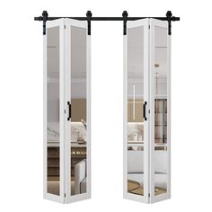 an open white room door with mirrored doors