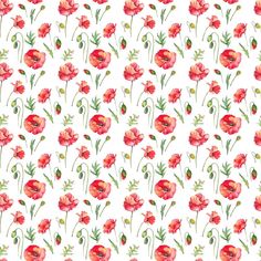 red flowers on white background with green stems and leaves in the center, seamlessly