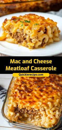 macaroni and cheese meatloaf casserole on a white plate with text overlay