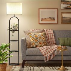 a living room scene with focus on the couch and pillows, potted plants and pictures