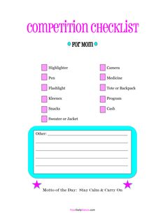 a pink and blue checklist with the words'competition checklist'on it