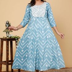 Brand New. Bollywood Indian Pakistani Kurthi Anarkali Gown. Fabric Cotton Great Quality. Size M (Pit To Pit 38") L (Pit To Pit 40") Xl (Pit To Pit 42") Xxl (Pit To Pit 44") Blue Maxi Length Kurta With Pallu, Designer Blue Dresses With Printed Motifs, Blue Self-design Maxi Length Kurta, Blue Maxi Length Self-design Kurta, Bollywood Ankle-length Dresses With Printed Motifs, Blue Maxi Dress With Self Design, Cotton Floor-length Dress For Navratri, Semi-stitched Cotton Dresses With Block Print, Bollywood Style Bandhani Print Maxi Dress