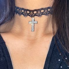 Handmade 10.5 Inches Long + 4 Inch Chain Extender Extra Tags: Necklace, Choker, Wedding, Lace, Gothic, Victorian, Lattice, Black Bilateral Lace Thick Rhinestones Crystals Diamonds Bling Cross Black Diamond Choker, Cresent Moon Necklace, Choker Outfit, Silver Feather Necklace, Black Lace Choker, Cross Choker, Moonstone Pendant Necklace, Pearl Strands Necklace, Long Statement Necklace