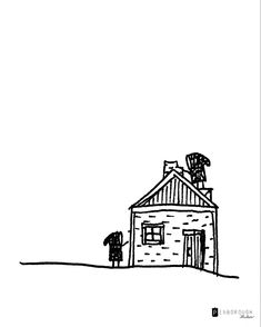 a black and white drawing of a person standing in front of a house