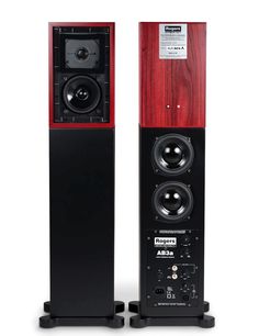 two speakers are shown side by side, one is red and the other is black