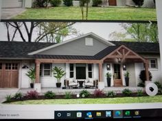 a computer screen showing the front and side view of a house with landscaping on it