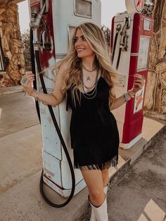 One Chance Fringe Dress Fringe Dress Photoshoot, Glamorous V-neck Mini Dress For The Beach, Black Country Dress, Cowgirl Blonde, Cutesy Style, Country Photoshoot, Calendar Shoot, Nashville Outfit, Ashley White