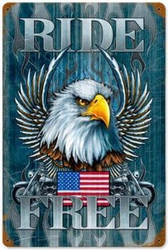 an eagle with the american flag on it's chest is shown in this metal sign