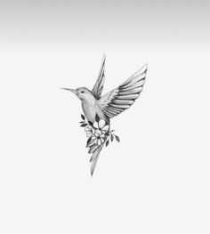 a black and white drawing of a hummingbird with flowers on it's wings