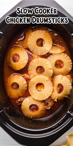 slow cooker chicken drumsticks in a crock pot with text overlay