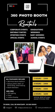 a flyer for a wedding party with photos and text on it, including the words 350 photo booth rental