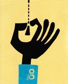 a hand with a tassel on it is in front of a yellow and blue background