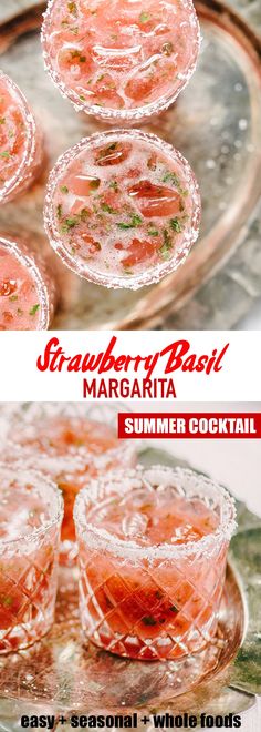 strawberry basil margarita cocktails on a platter with text overlay