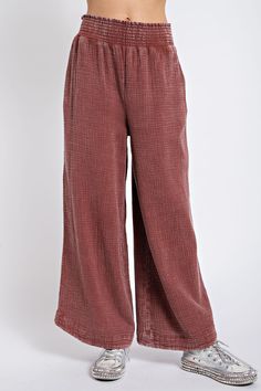 Easel Cotton Gauze Pants in Red Bean Pants Easel Comfy Flowy Pants, Relaxed Cotton Wide-leg Harem Pants, Wide-leg Relaxed Fit Harem Pants For Loungewear, Loosely Fitted Wide-leg Harem Pants For Loungewear, Wide-leg Cotton Harem Pants For Loungewear, Cotton Gauze Pants, Rayon Wide-leg Harem Pants For Loungewear, Gauze Pants, Umgee Dress