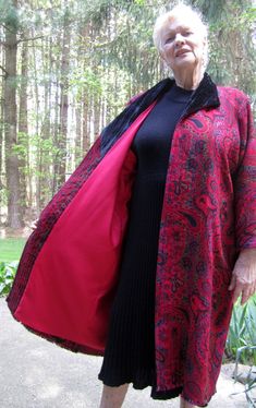 "SPRING SALE, PRICE OF $150.00 IS 40% OFF REGULAR PRICE OF $250.00 Statement coat, fully lined in red nylon, woven red and black brocade, Side seam pockets, black velvet collar and facing, soft fringe hem. Size 14 coat measures: bust 40-46, hip 44-49, raglan 21\" sleeve, coat length 44\" contact me to chat if you like Made in America by ME! LAY-AWAY PLAN AVAILABLE, ASK FOR DETAILS" Elegant Red Silk Outerwear, Red Fitted Silk Outerwear, Red Silk Fitted Outerwear, Red Silk Outerwear For Fall, Soft Fringe, Statement Coat, Velvet Collar, Spring Sale, Full Skirt