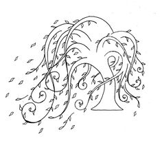 a drawing of a woman's head with leaves coming out of the top and bottom