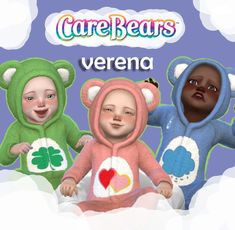 there are three children dressed up in bear onesuits with hearts on their chest