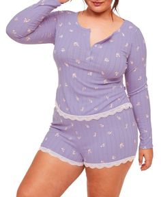 Adore Me Plus Size Kennedy Pajama Long Sleeve Henley & Short Set - Macy's Pajama Sets Plus Size, Shorts With Lace Trim, Peach Shorts, Flannel Pajama Sets, Floral Pajamas, Corsets And Bustiers, Adore Me, Loungewear Set, Floral Print Shorts