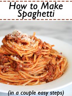 spaghetti in a white bowl with text overlay how to make spaghetti in a couple easy steps