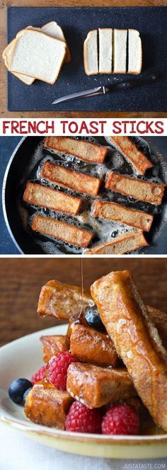 french toast sticks are being cooked in a skillet with berries and raspberries