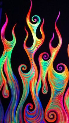 an abstract painting with multicolored swirls on a black background