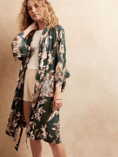 Satin Robe | Banana Republic Summer Satin Robe, Floral Print Satin Kimono, Satin Kimono For Daywear, Satin Kimono With Floral Print, Long Satin Summer Robe, Elegant Satin Beach Kimono, Elegant Beach Satin Kimono, Dynamic Movement, Shawl Collar