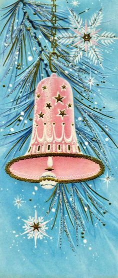 a christmas card with a pink bell hanging from a tree branch and snowflakes in the background