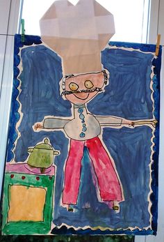 a child's drawing of a person standing in front of a kitchen stove top