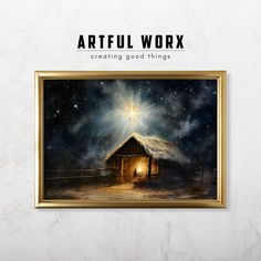 a painting with the words artful work creating good things written on it in gold frame