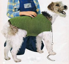 a dog is wearing a sweater and standing next to a man in overalls with his back turned