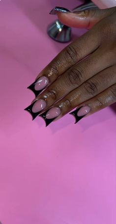 Duck Nails Black French, Black French Tip Nails Chrome Hearts, Plain Black French Tip Nails, Black Nails Ideas Black Women, Duck Nail Designs Black, Black Nail Set Ideas, Black Duckies Nails, Short Square Cow Print Nails