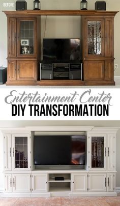 an entertainment center with built in cabinets and a television on the wall, before and after