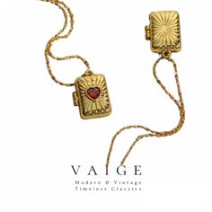 VAIGE Red Heart Locket Book Gold Necklace Embrace the exquisite charm of our Red Heart Locket Book Gold Necklace, a perfect blend of elegance and sentimentality. This stunning piece is designed to capture the essence of love, making it an ideal accessory for any occasion. Key Features: Elegant Design: The locket's heart shape symbolizes deep affection, making it a meaningful gift for loved ones. Perfect Size: With a pendant measuring 14.5x20mm, it's a charming accent that fits seamlessly into yo Heart Pendant Locket Necklace Gift, Rectangular Locket Necklace Gift, Vintage Heart Pendant Locket Necklace With Adjustable Chain, Vintage Adjustable Necklaces For Valentine's Day, Vintage Adjustable Necklace For Valentine's Day, Spiritual Medallion Necklace For Valentine's Day, Vintage Charm Heart Pendant Jewelry Gift, Gift Pendant Locket Necklace With Adjustable Chain, Elegant Vintage Charm Locket Necklace For Valentine's Day