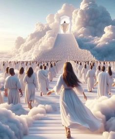 a group of women in white dresses walking through clouds with an image of jesus on top