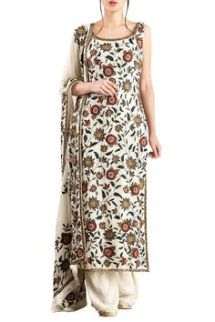 Off white chiffon embroidered palazzo set Simple Indian Suits, Indian Kurti Designs, Indian Designer Suits, Salwar Kamiz, Red Lehenga, Palazzo Set, Kurti Designs Party Wear, Kurta Designs Women, Simple Pakistani Dresses