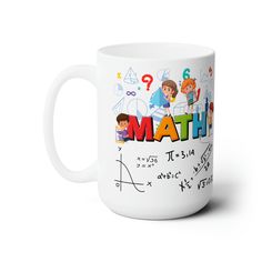 a white coffee mug with the words math printed on it and children's drawings