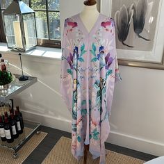 Beautiful Floaty Caftan In 100% Silk. Os Fits Xs-Xl (Per Their Website) 51”L Unlined Purchased In London Silk Purple Kaftan For Spring, Long Purple Kimono For Spring, Long Sleeve Purple Kimono For Spring, Purple Long Sleeve Kimono For Spring, Purple Silk Kaftan For Summer, Elegant Purple Kaftan With Kimono Sleeves, Elegant Purple Summer Kaftan, Purple Floral Print Kimono For Spring, Purple Floral Print Kimono For The Beach