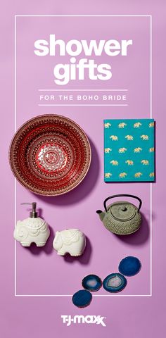 the cover of shower gifts for the boho bride, featuring an elephant plate and other accessories