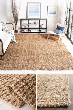 three different views of a living room with furniture and rugs