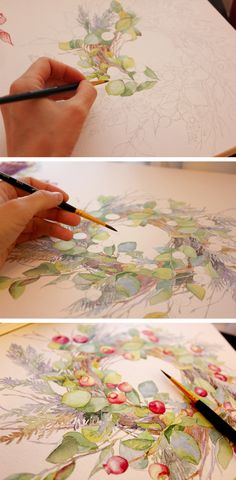 the process of painting flowers with watercolor pencils is shown in three different stages