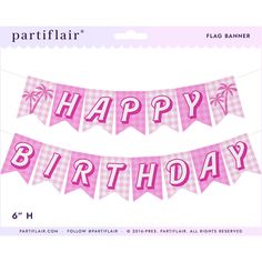 happy birthday banner with pink gingham and palm trees on the top, in front of a white background