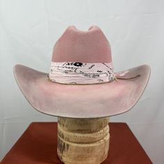 *PRICE INCLUDES $15 HAT BOX* Premium Wool Felt  4 1/4 Crown, 3 3/4 inch brim Custom Color, Distressing, Band and Accessories Colors may vary slightly.Although each hat is unique a similar hat can be made in Dri-lex sweatband for added comfort All Sales Final Pink Western Hats, Cow Girl Hats, Embellished Cowboy Hat, Custom Cowboy Hats, Fashion 2000, Girl Hats, Hat Bar, Wool Fedora Hat, The Bandit