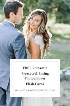 a man and woman standing next to each other with the text free romantic prom & posing photographer flash cards