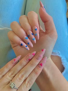 Blue Nails Valentines, Blue And Pink Valentine Nails, Nails Acrylic Gender Reveal, Blue Vday Nails, Blue And Pink Heart Nails, Bright Blue And Pink Nails, Gender Reveal Nails Almond, Blue Pink Nail Art, Gender Reveal Nail Designs