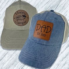 "Custom Engraved Happy Camper with 5th Wheel Trucker Hat! Faux leather patch with stitching: *Available in round or square *Size: 2 1/2\" *4 colors: Chocolate, Rustic, Steel, Taupe Adams Trucker style hat features: *Fabric: 100% cotton twill pigment dye & garment washed, 100% nylon mesh back panels *Back Closure: Contrast color self fabric strap matches front panels & visor, adjustable antique *Brass sliding buckle. Excess strap tucks into sweatband tunnel. *Six panel *Profile crown with trucker Camper Hat, 5th Wheel Camper, Custom Trucker Hats, Hat Custom, Fabric Strap, 5th Wheels, Happy Camper, Happy Campers, Matching Top